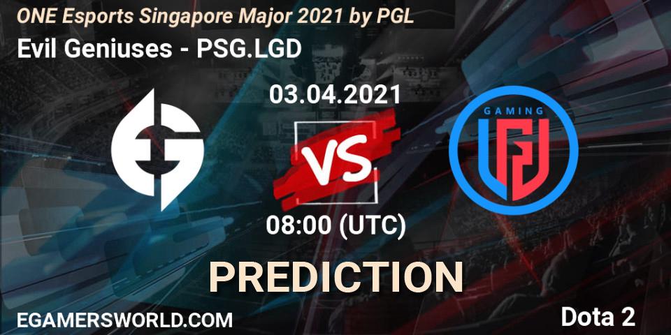 Evil Geniuses vs PSG.LGD: Match Prediction. 03.04.2021 at 09:17, Dota 2, ONE Esports Singapore Major 2021