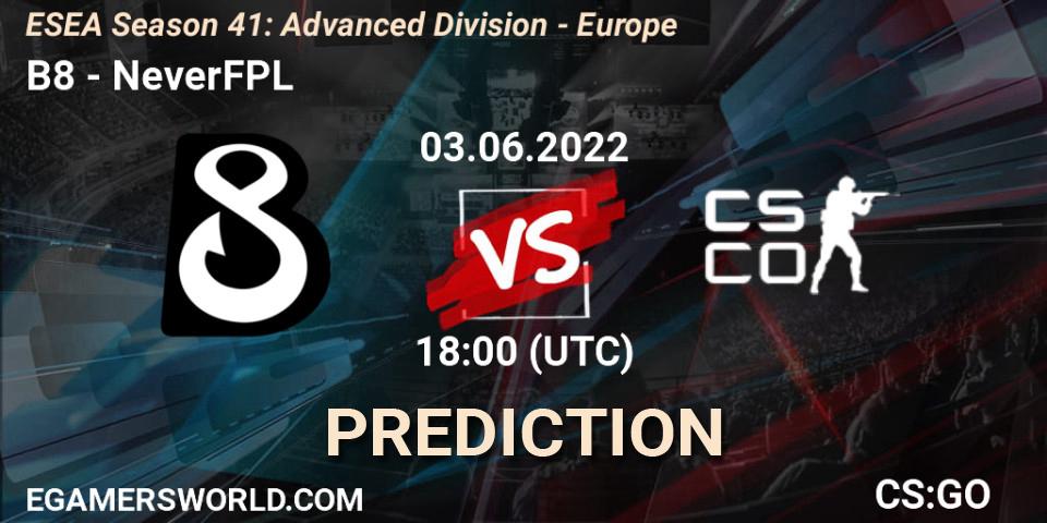 B8 vs NeverFPL: Match Prediction. 03.06.2022 at 18:00, Counter-Strike (CS2), ESEA Season 41: Advanced Division - Europe