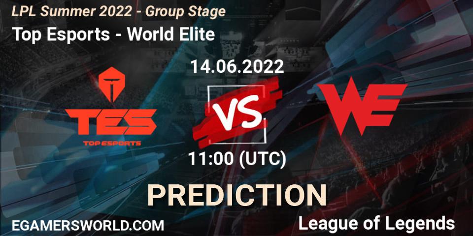 Top Esports vs World Elite: Match Prediction. 14.06.2022 at 11:35, LoL, LPL Summer 2022 - Group Stage