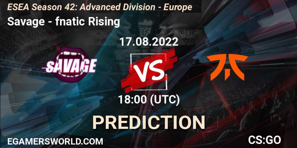 Savage vs fnatic Rising: Match Prediction. 17.08.2022 at 18:00, Counter-Strike (CS2), ESEA Season 42: Advanced Division - Europe