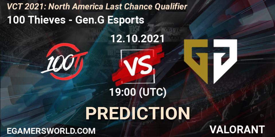 100 Thieves vs Gen.G Esports: Match Prediction. 12.10.2021 at 19:00, VALORANT, VCT 2021: North America Last Chance Qualifier