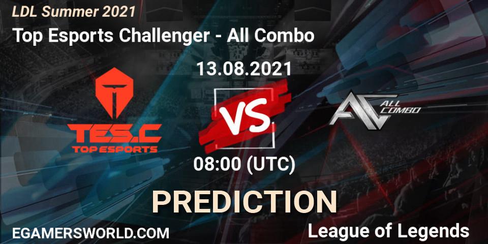 Top Esports Challenger vs All Combo: Match Prediction. 13.08.2021 at 08:00, LoL, LDL Summer 2021