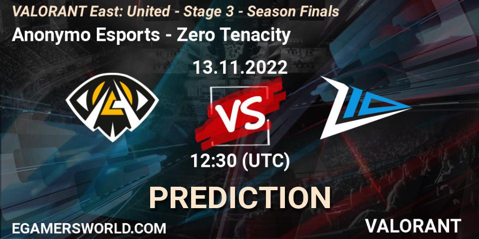 Anonymo Esports vs Zero Tenacity: Match Prediction. 13.11.2022 at 12:30, VALORANT, VALORANT East: United - Stage 3 - Season Finals