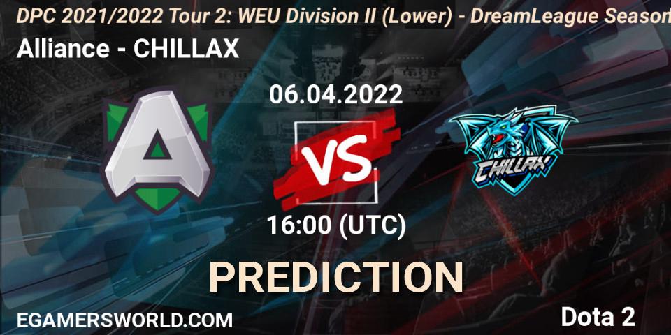 Alliance vs CHILLAX: Match Prediction. 06.04.2022 at 15:55, Dota 2, DPC 2021/2022 Tour 2: WEU Division II (Lower) - DreamLeague Season 17