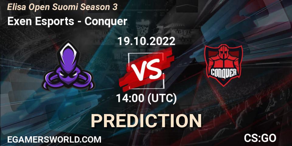 Exen Esports vs Conquer: Match Prediction. 19.10.2022 at 14:00, Counter-Strike (CS2), Elisa Open Suomi Season 3
