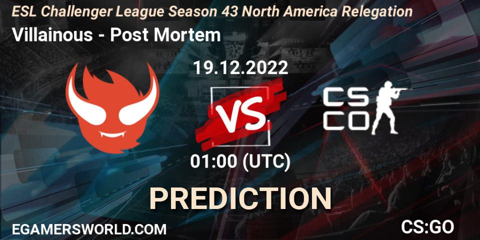 Villainous vs Post Mortem: Match Prediction. 19.12.2022 at 01:00, Counter-Strike (CS2), ESL Challenger League Season 43 North America Relegation
