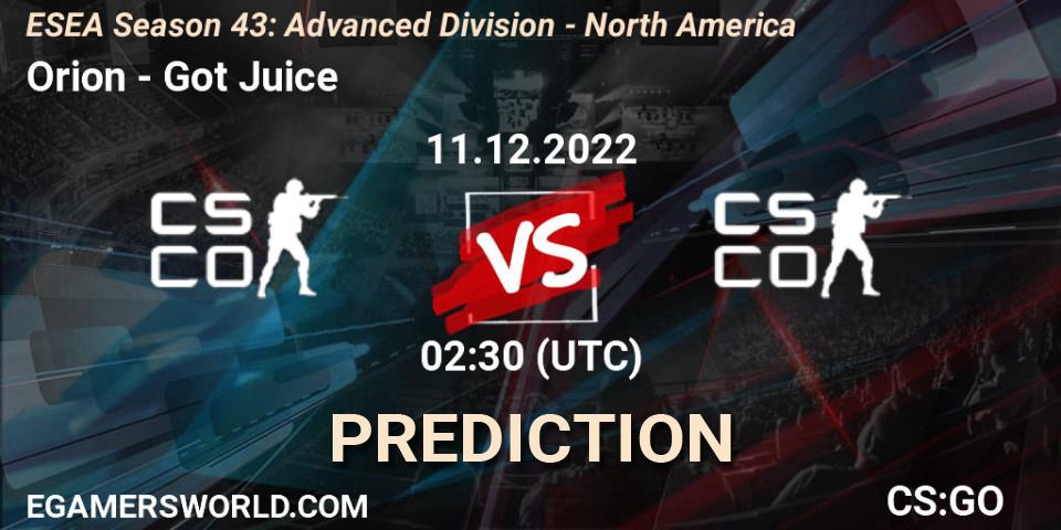 Orion vs Got Juice: Match Prediction. 11.12.2022 at 02:30, Counter-Strike (CS2), ESEA Season 43: Advanced Division - North America