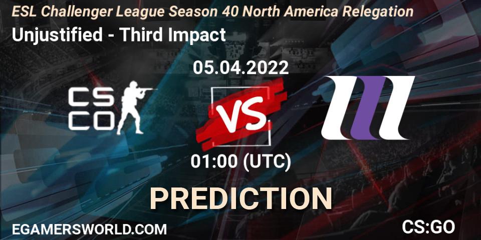 Unjustified vs Third Impact: Match Prediction. 05.04.2022 at 01:00, Counter-Strike (CS2), ESL Challenger League Season 40 North America Relegation