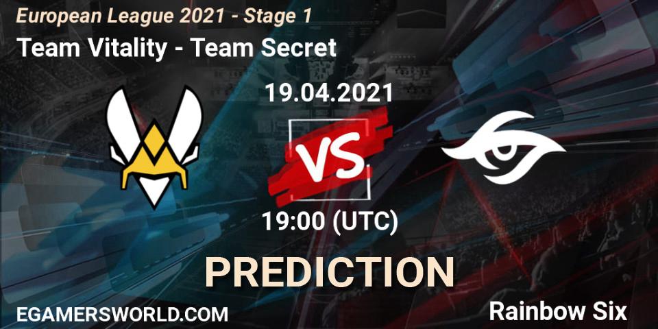 Team Vitality vs Team Secret: Match Prediction. 19.04.2021 at 21:00, Rainbow Six, European League 2021 - Stage 1