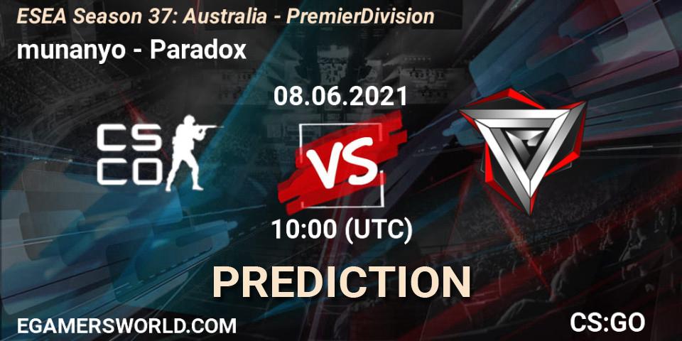 munanyo vs Paradox: Match Prediction. 08.06.2021 at 10:00, Counter-Strike (CS2), ESEA Season 37: Australia - Premier Division