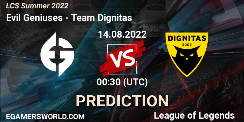 Evil Geniuses vs Team Dignitas: Match Prediction. 14.08.2022 at 00:30, LoL, LCS Summer 2022