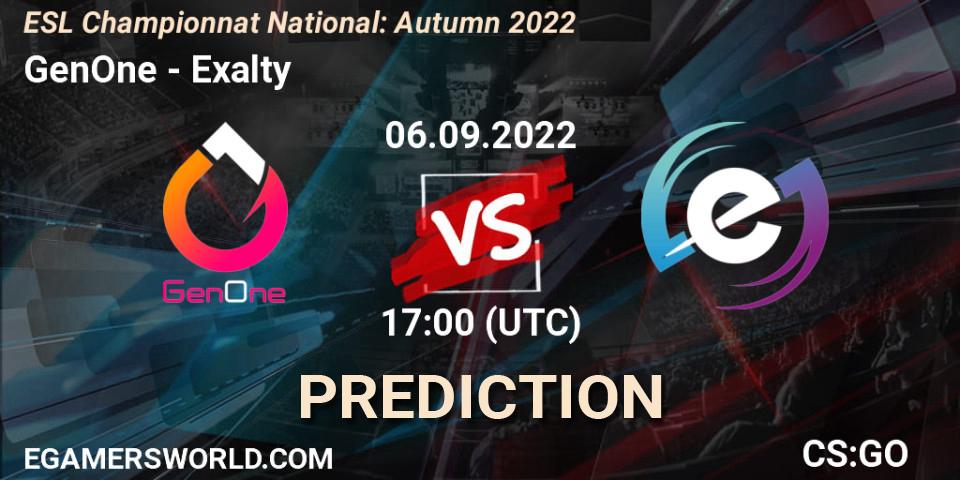 GenOne vs Exalty: Match Prediction. 06.09.2022 at 17:00, Counter-Strike (CS2), ESL Championnat National: Autumn 2022