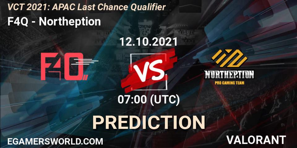 F4Q vs Northeption: Match Prediction. 12.10.2021 at 09:00, VALORANT, VCT 2021: APAC Last Chance Qualifier