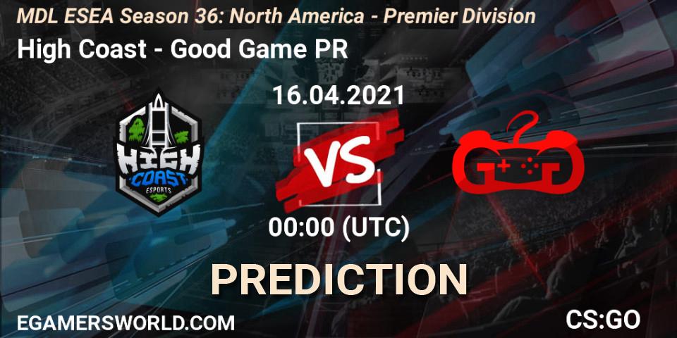 High Coast vs Good Game PR: Match Prediction. 16.04.2021 at 00:00, Counter-Strike (CS2), MDL ESEA Season 36: North America - Premier Division