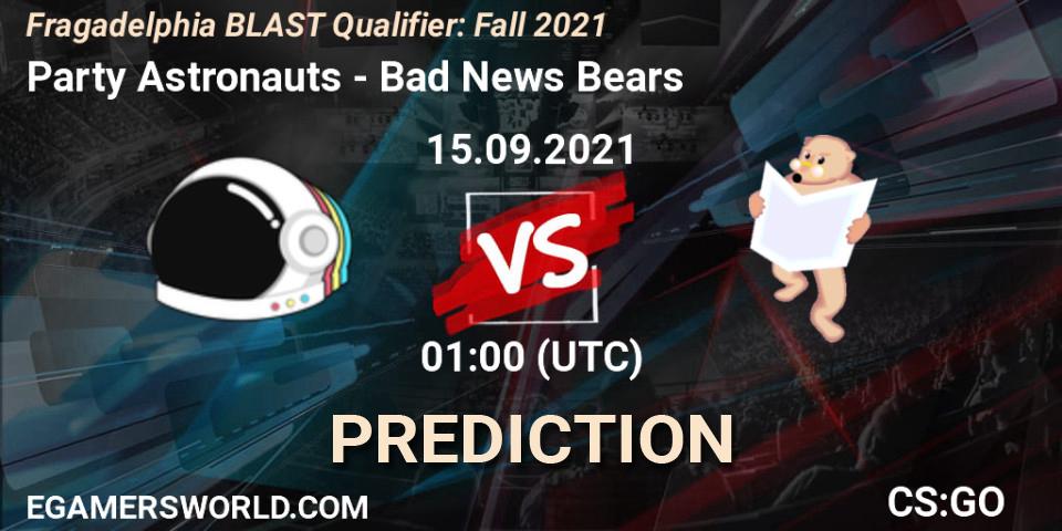 Party Astronauts vs Bad News Bears: Match Prediction. 15.09.2021 at 01:10, Counter-Strike (CS2), Fragadelphia BLAST Qualifier: Fall 2021