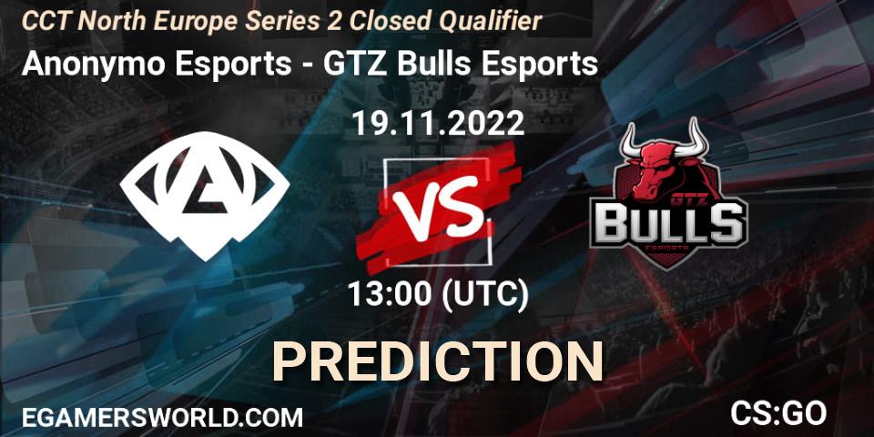 Anonymo Esports vs GTZ Bulls Esports: Match Prediction. 19.11.2022 at 13:00, Counter-Strike (CS2), CCT North Europe Series 2 Closed Qualifier