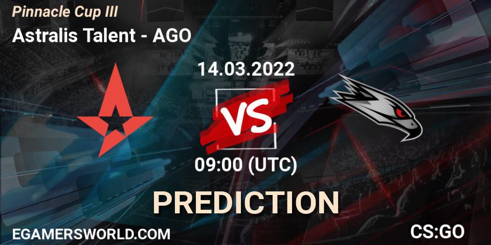 Astralis Talent vs AGO: Match Prediction. 14.03.2022 at 09:00, Counter-Strike (CS2), Pinnacle Cup #3
