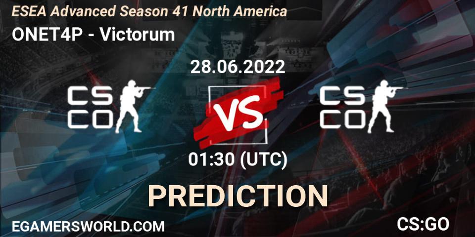 ONET4P vs Victorum: Match Prediction. 28.06.2022 at 00:00, Counter-Strike (CS2), ESEA Advanced Season 41 North America
