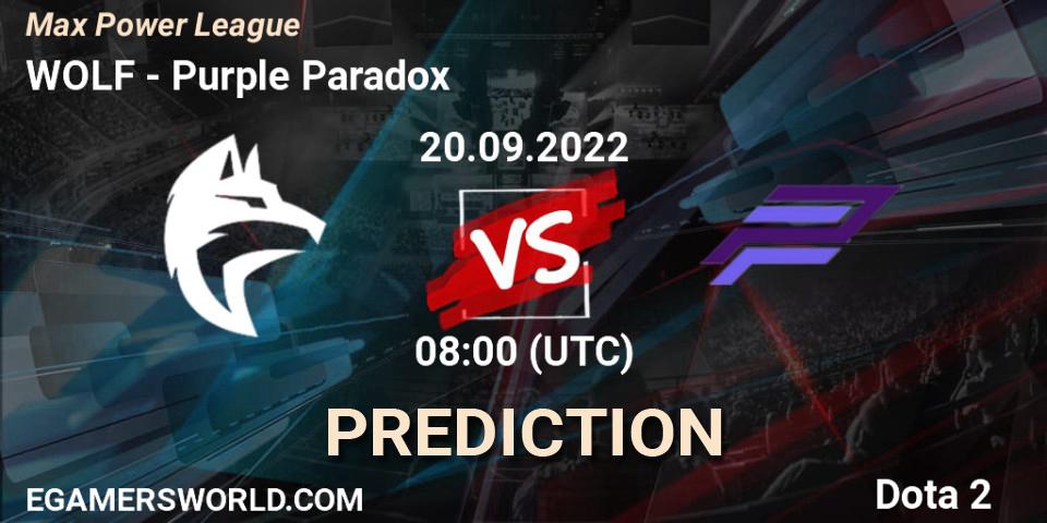 WOLF vs Purple Paradox: Match Prediction. 20.09.2022 at 08:21, Dota 2, Max Power League
