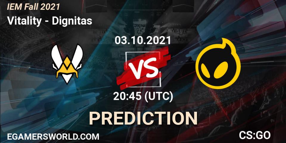 Vitality vs Dignitas: Match Prediction. 03.10.2021 at 20:15, Counter-Strike (CS2), IEM Fall 2021: Europe RMR