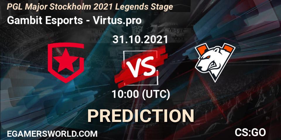 Gambit Esports vs Virtus.pro: Match Prediction. 31.10.2021 at 10:05, Counter-Strike (CS2), PGL Major Stockholm 2021 Legends Stage