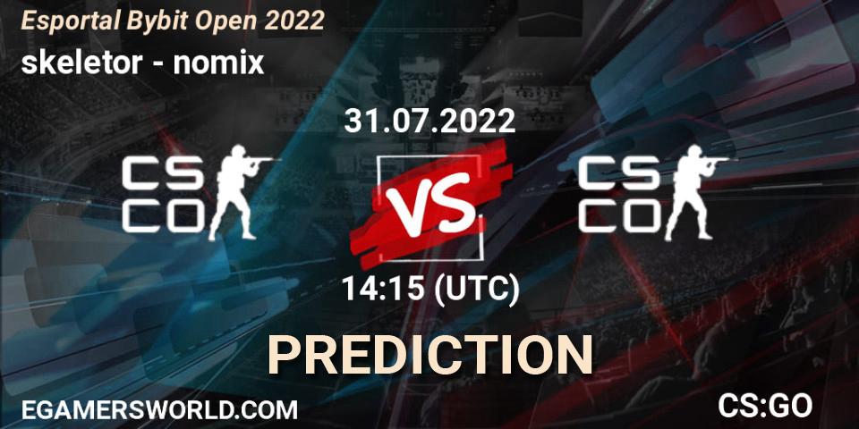 skeletor vs nomix: Match Prediction. 31.07.2022 at 14:20, Counter-Strike (CS2), Esportal Bybit Open 2022