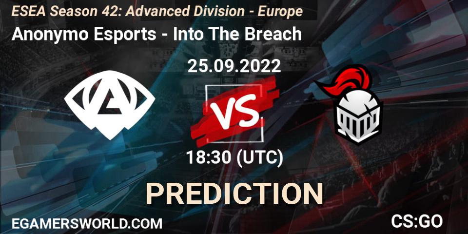 Anonymo Esports vs Into The Breach: Match Prediction. 25.09.2022 at 18:30, Counter-Strike (CS2), ESEA Season 42: Advanced Division - Europe
