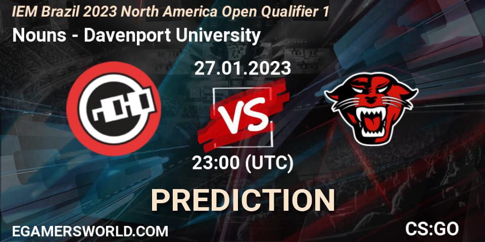 Nouns vs Davenport University: Match Prediction. 27.01.2023 at 23:00, Counter-Strike (CS2), IEM Brazil Rio 2023 North America Open Qualifier 1