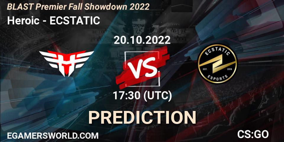 Heroic vs ECSTATIC: Match Prediction. 20.10.2022 at 18:40, Counter-Strike (CS2), BLAST Premier Fall Showdown 2022 Europe