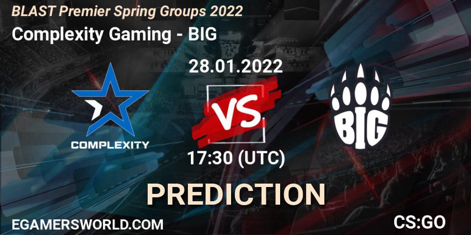 Complexity Gaming vs BIG: Match Prediction. 28.01.2022 at 18:10, Counter-Strike (CS2), BLAST Premier Spring Groups 2022