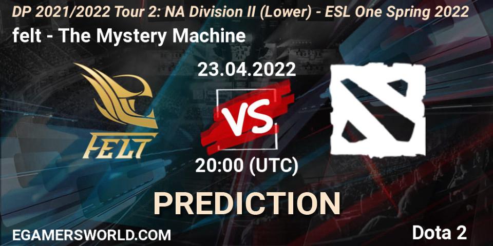 felt vs The Mystery Machine: Match Prediction. 23.04.2022 at 22:51, Dota 2, DP 2021/2022 Tour 2: NA Division II (Lower) - ESL One Spring 2022