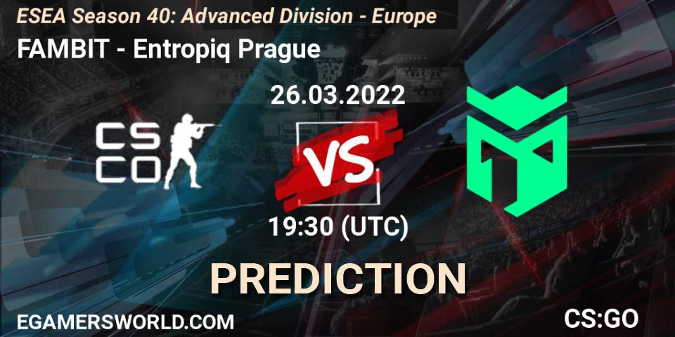 FAMBIT vs Entropiq Prague: Match Prediction. 26.03.2022 at 18:00, Counter-Strike (CS2), ESEA Season 40: Advanced Division - Europe