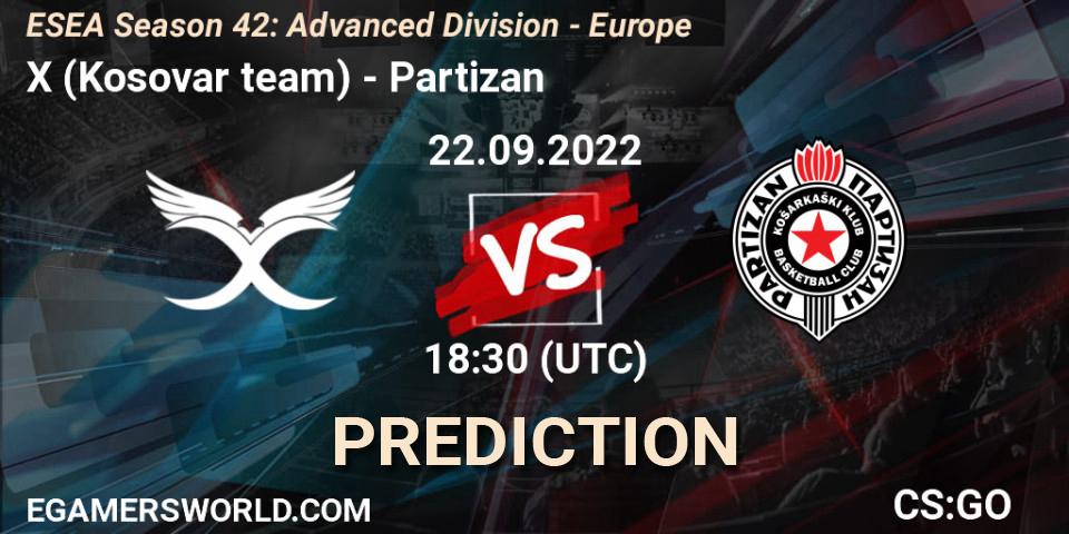 X (Kosovar team) vs Partizan: Match Prediction. 22.09.2022 at 16:00, Counter-Strike (CS2), ESEA Season 42: Advanced Division - Europe
