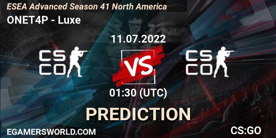 ONET4P vs Luxe: Match Prediction. 11.07.2022 at 01:00, Counter-Strike (CS2), ESEA Advanced Season 41 North America