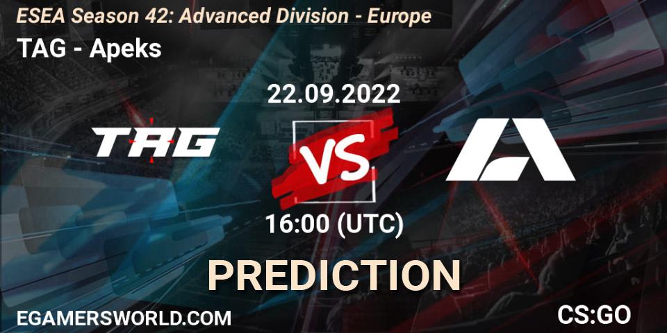 TAG vs Apeks: Match Prediction. 22.09.2022 at 16:00, Counter-Strike (CS2), ESEA Season 42: Advanced Division - Europe