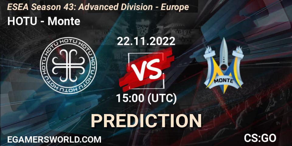 HOTU vs Monte: Match Prediction. 22.11.2022 at 15:00, Counter-Strike (CS2), ESEA Season 43: Advanced Division - Europe