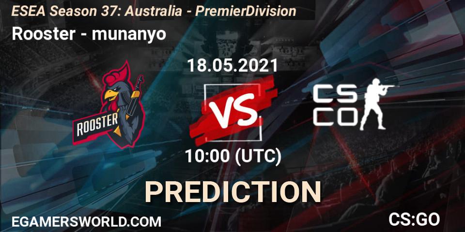 Rooster vs munanyo: Match Prediction. 18.05.2021 at 10:00, Counter-Strike (CS2), ESEA Season 37: Australia - Premier Division
