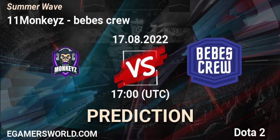 11Monkeyz vs bebes crew: Match Prediction. 17.08.2022 at 17:07, Dota 2, Summer Wave