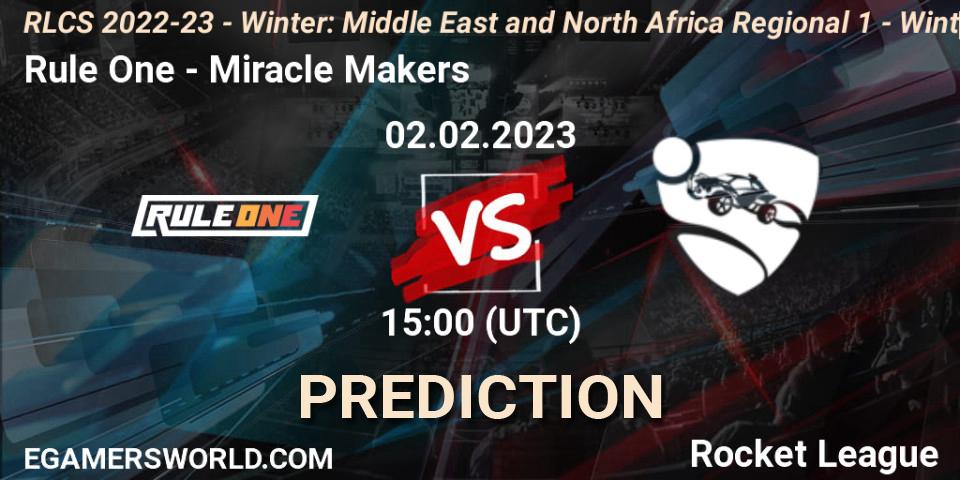 Rule One vs Miracle Makers: Match Prediction. 02.02.2023 at 15:00, Rocket League, RLCS 2022-23 - Winter: Middle East and North Africa Regional 1 - Winter Open