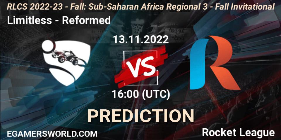 Limitless vs Reformed: Match Prediction. 13.11.2022 at 16:00, Rocket League, RLCS 2022-23 - Fall: Sub-Saharan Africa Regional 3 - Fall Invitational