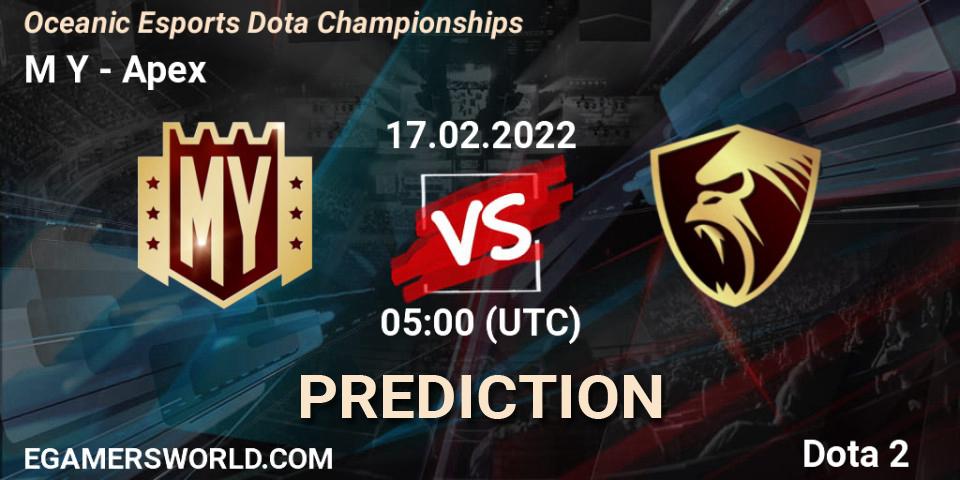 M Y vs Apex: Match Prediction. 17.02.2022 at 05:13, Dota 2, Oceanic Esports Dota Championships