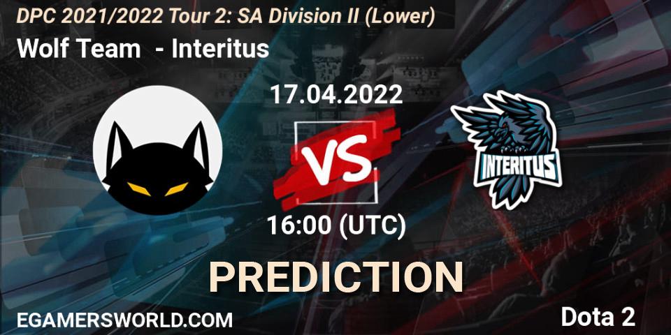 Wolf Team vs Interitus: Match Prediction. 17.04.2022 at 16:01, Dota 2, DPC 2021/2022 Tour 2: SA Division II (Lower)