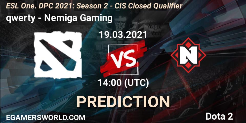 qwerty vs Nemiga Gaming: Match Prediction. 19.03.2021 at 14:14, Dota 2, ESL One. DPC 2021: Season 2 - CIS Closed Qualifier