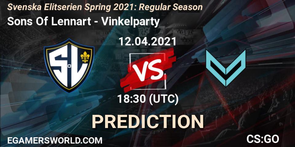 Sons Of Lennart vs Vinkelparty: Match Prediction. 12.04.2021 at 18:30, Counter-Strike (CS2), Svenska Elitserien Spring 2021: Regular Season