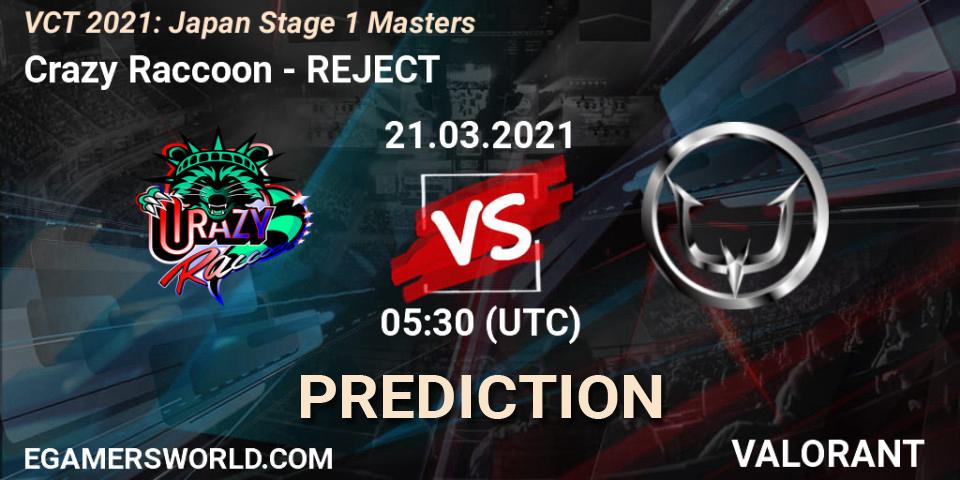 Crazy Raccoon vs REJECT: Match Prediction. 21.03.2021 at 05:30, VALORANT, VCT 2021: Japan Stage 1 Masters
