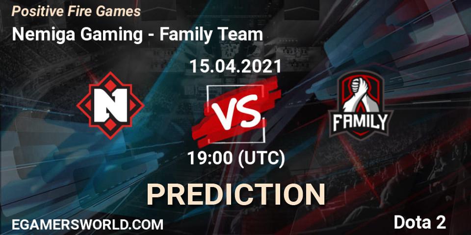 Nemiga Gaming vs Family Team: Match Prediction. 15.04.2021 at 19:06, Dota 2, Positive Fire Games