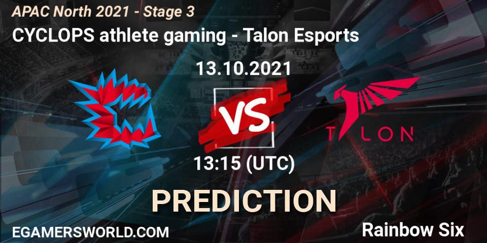 CYCLOPS athlete gaming vs Talon Esports: Match Prediction. 13.10.2021 at 13:45, Rainbow Six, APAC North 2021 - Stage 3