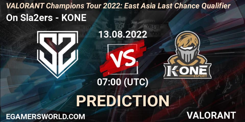 On Sla2ers vs KONE: Match Prediction. 13.08.2022 at 07:00, VALORANT, VCT 2022: East Asia Last Chance Qualifier