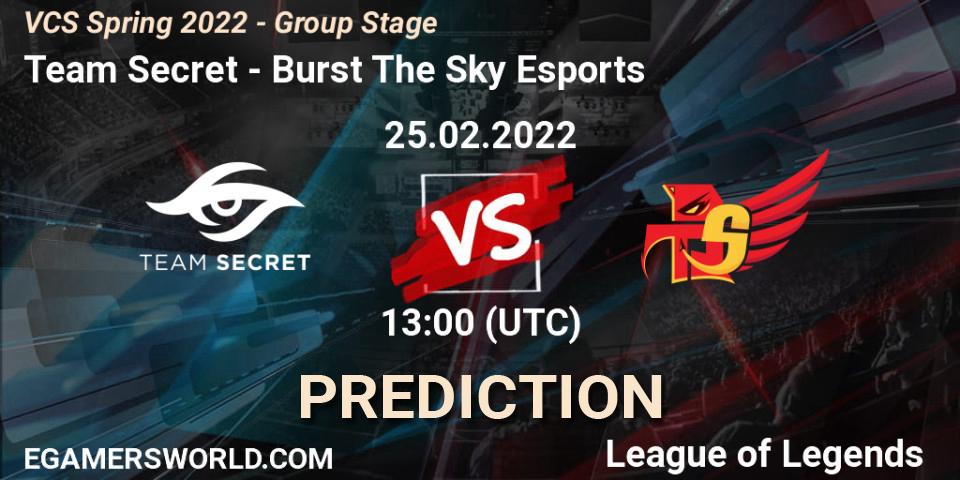 Team Secret vs Burst The Sky Esports: Match Prediction. 25.02.2022 at 13:00, LoL, VCS Spring 2022 - Group Stage 