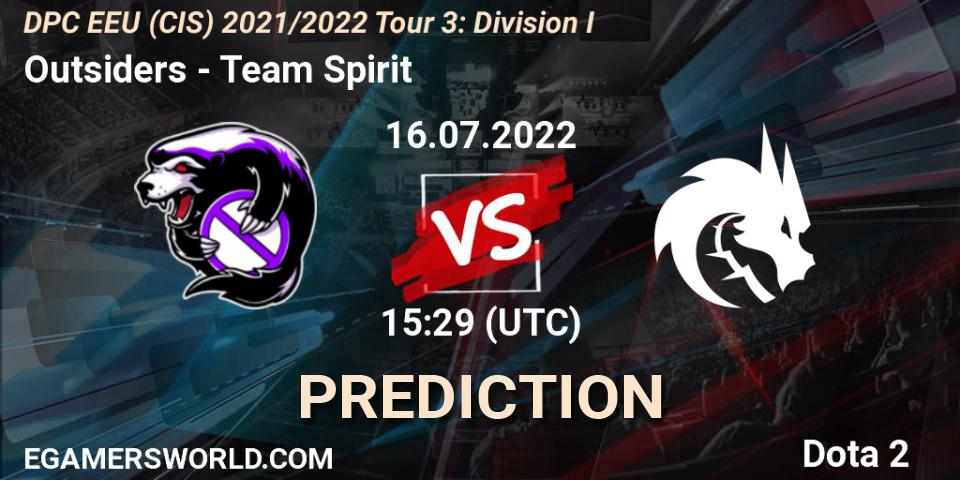 Outsiders vs Team Spirit: Match Prediction. 16.07.2022 at 15:29, Dota 2, DPC EEU (CIS) 2021/2022 Tour 3: Division I
